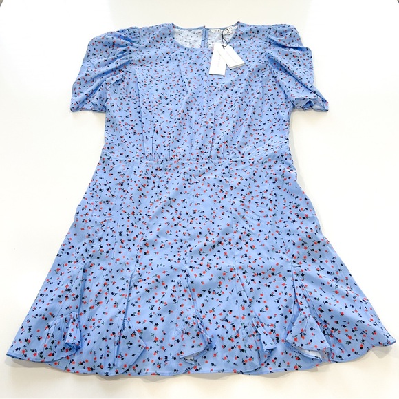 Veronica Beard Lila Silk Puff-Sleeve Flounce Dress Blue Multi Size 12 NWT - Picture 7 of 14